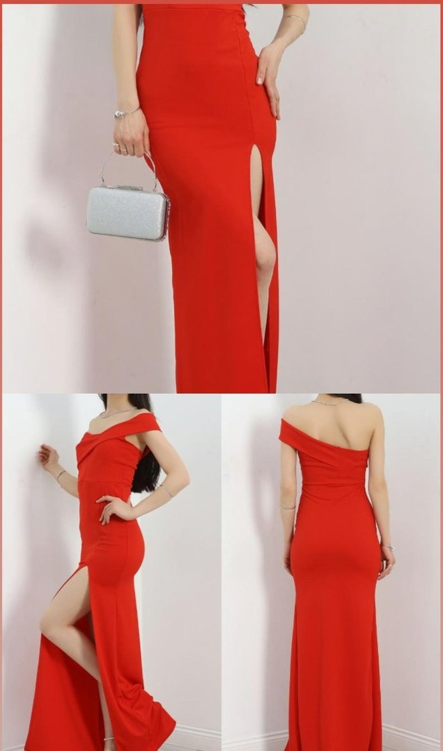 Kırmızı Drapeli Uzun Straplez Abiye Elbise - Görsel 4