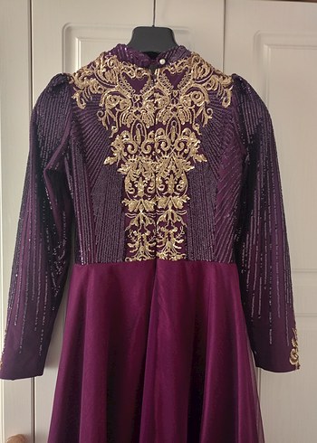 Uzun Kollu İşlemeli Mor Kadın Kına Elbisesi - Görsel 2