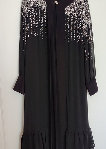 Uzun Siyah İncili taşlı abaya