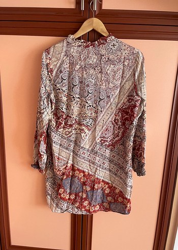 38 Beden Bordo Gri Batik Desenli V Yaka Salaş Bluz