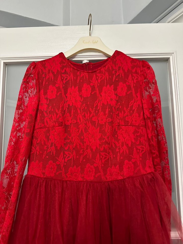 Kırmızı Dantel Uzun Kollu Elbise - Görsel 2