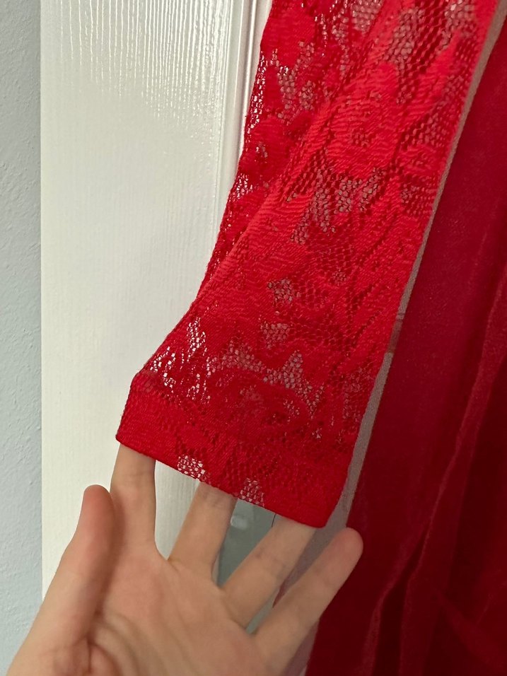 Kırmızı Dantel Uzun Kollu Elbise - Görsel 3