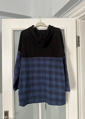 Kapüşonlu Fermuarlı Mavi Ekose Sweatshirt - Görsel 4