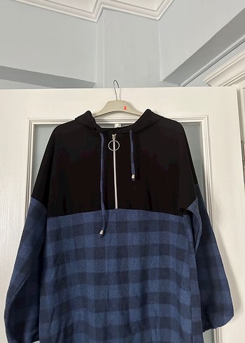 Kapüşonlu Fermuarlı Mavi Ekose Sweatshirt - Görsel 2