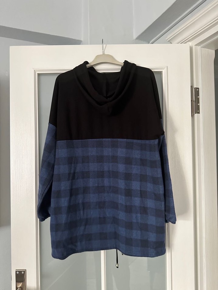 Kapüşonlu Fermuarlı Mavi Ekose Sweatshirt - Görsel 4