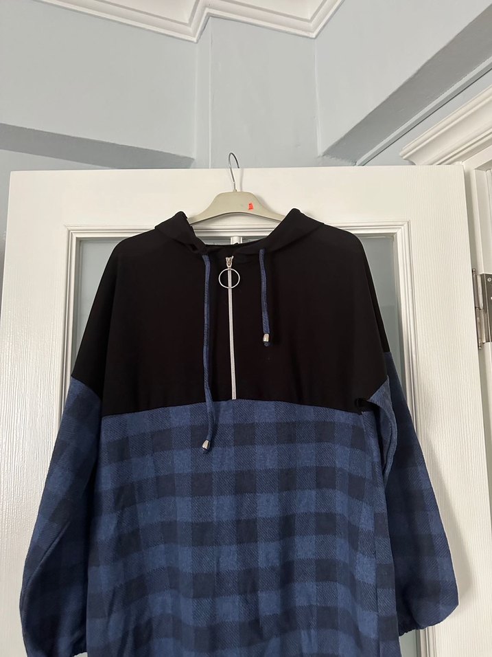 Kapüşonlu Fermuarlı Mavi Ekose Sweatshirt - Görsel 2