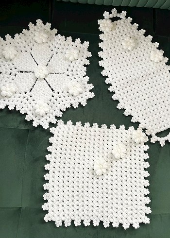 Beyaz El Örgüsü Çiçekli Dantel Seti - Görsel 7