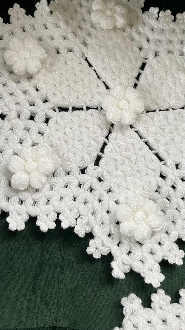 Beyaz El Örgüsü Çiçekli Dantel Seti - Görsel 5