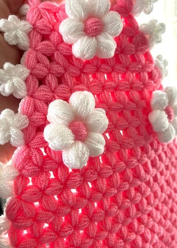 Pembe Beyaz Çiçekli El Örgüsü Set - Görsel 4