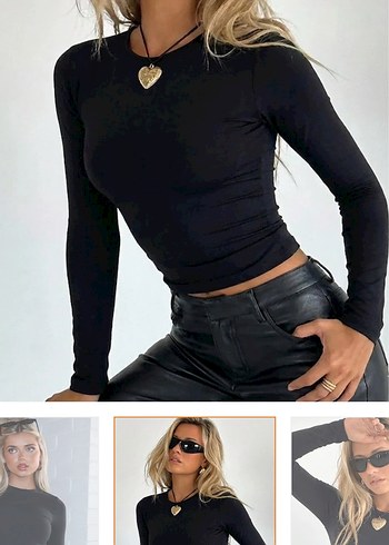 Siyah Mini Bluz, Uzun Kollu, Dar Kesim - Görsel 2