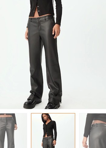 Siyah Deri düz kesim yan fermuarlı pantolon - Görsel 2