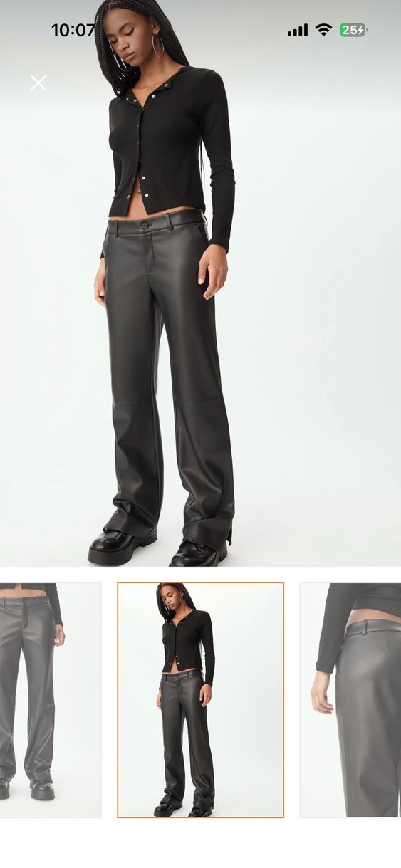 Siyah Deri düz kesim yan fermuarlı pantolon - Görsel 2