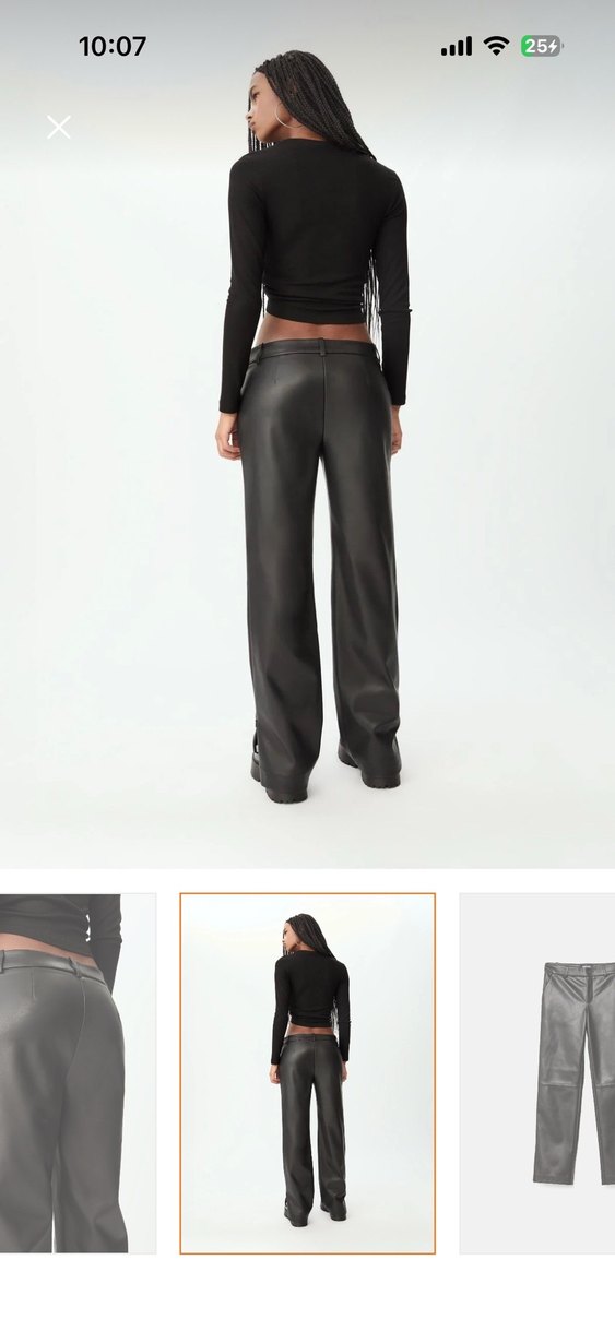 Siyah Deri düz kesim yan fermuarlı pantolon - Görsel 4