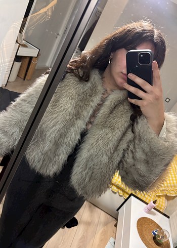 Gri  Kadın Kürk Mont - Görsel 6