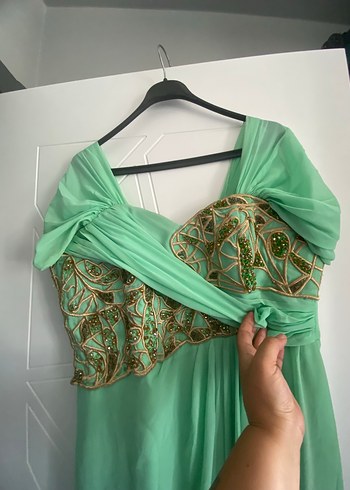 Nakışlı su yeşili  Bohem Uzun Abiye Elbise - Görsel 3