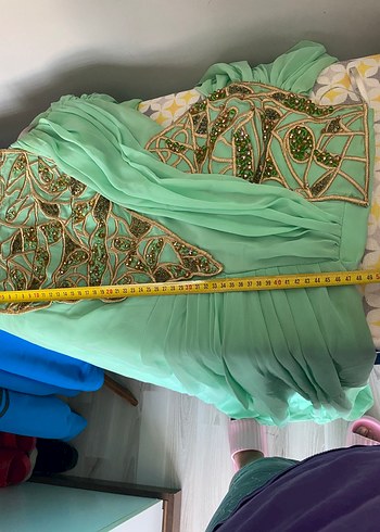 Nakışlı su yeşili  Bohem Uzun Abiye Elbise - Görsel 5