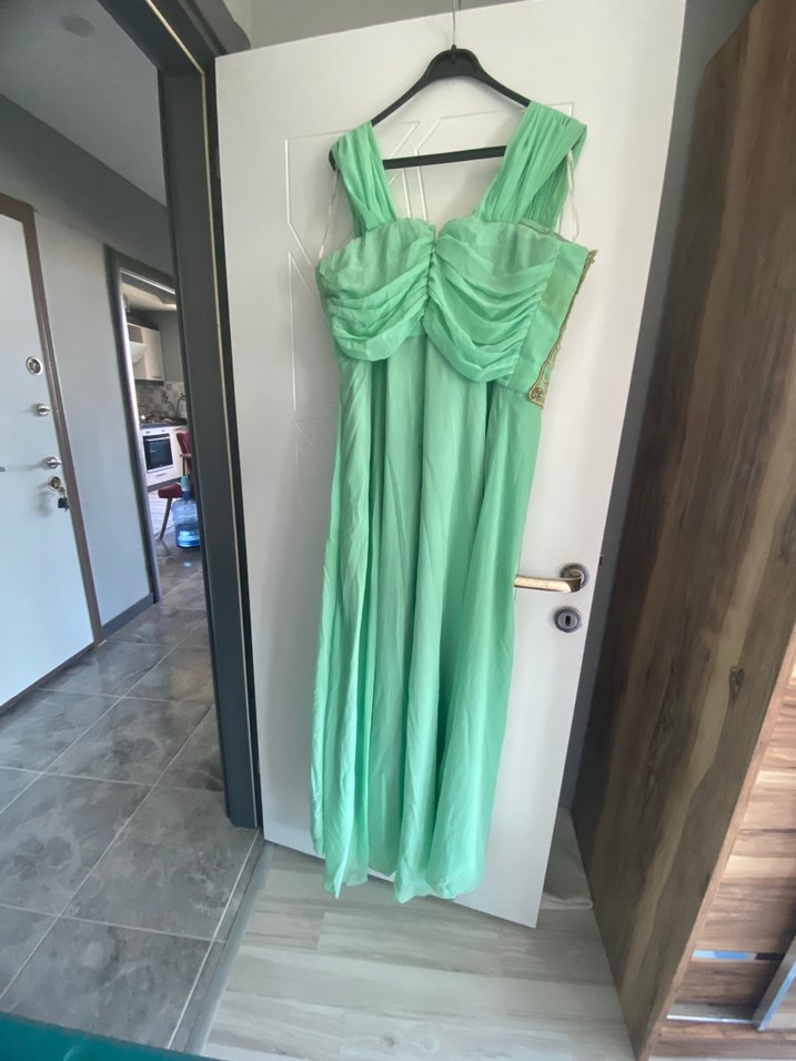 Nakışlı su yeşili  Bohem Uzun Abiye Elbise - Görsel 2