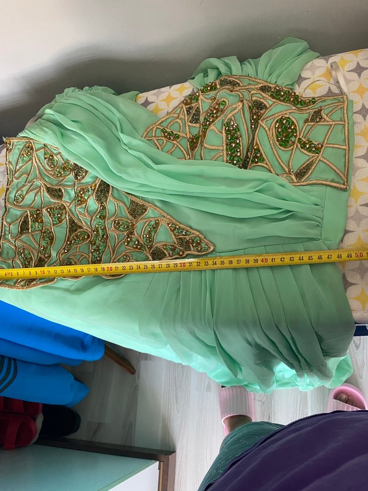 Nakışlı su yeşili  Bohem Uzun Abiye Elbise - Görsel 5