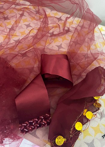 Bordo Nakışlı kına Duvak bel kuşağı mendil - Görsel 2