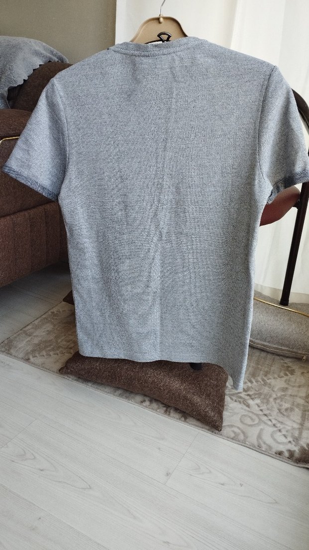 Gri Keten Erkek Kısa Kollu Tişört - Görsel 2