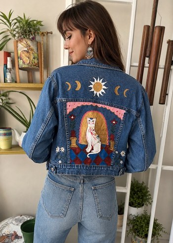 Diğer Bohem Kedi Detayli Mavi Denim Ceket El Boyama