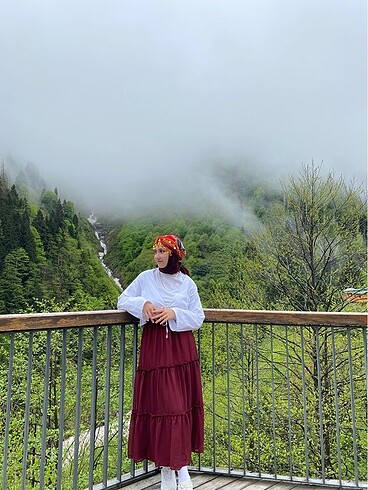 Bordo fırfırlı koton uzun etek