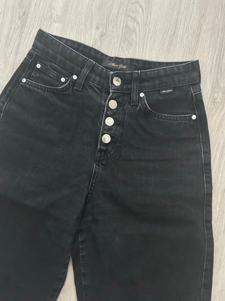 Düğmeli Siyah Kadın Denim Pantolon Mavi Jeans - Görsel 2