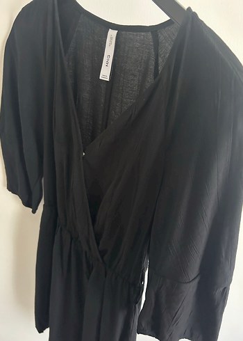 Önü Drapeli Siyah Mango marka Keten kumaş elbise kısa kol - Görsel 4