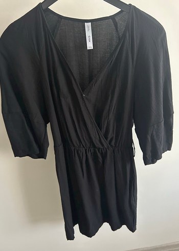 Önü Drapeli Siyah Mango marka Keten kumaş elbise kısa kol - Görsel 5