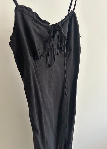 Siyah Uzun Keten Elbise, V Yaka, Yırtmaçlı - Görsel 5