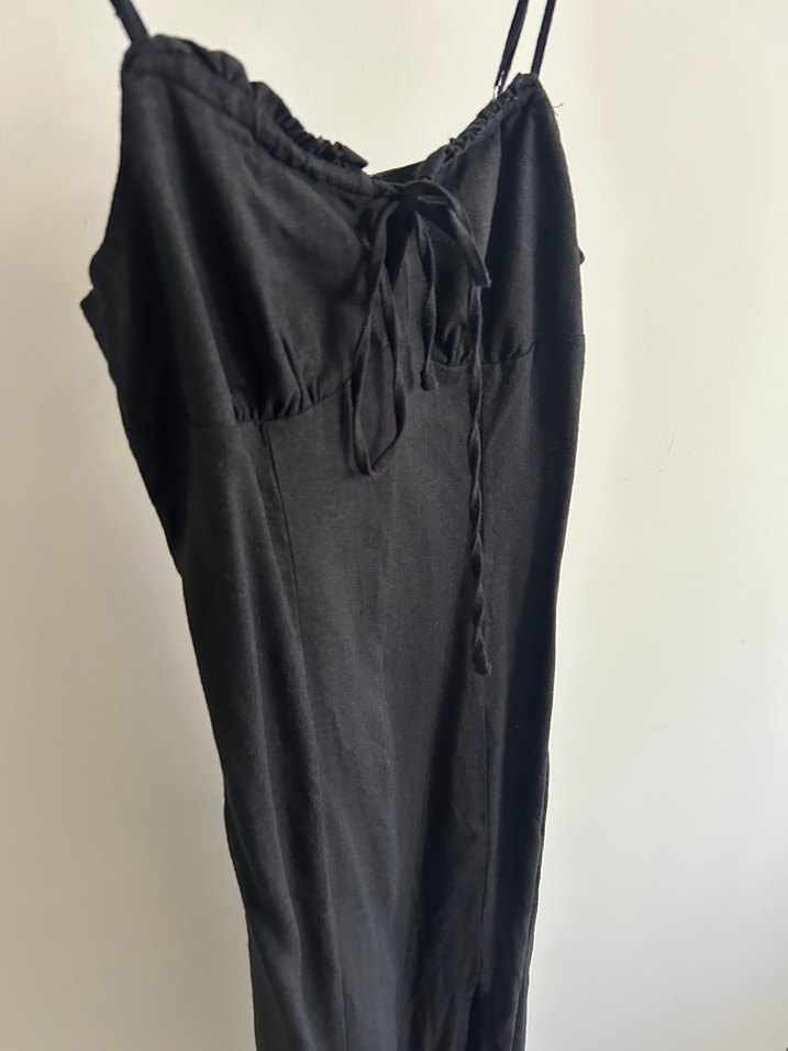 Siyah Uzun Keten Elbise, V Yaka, Yırtmaçlı - Görsel 5