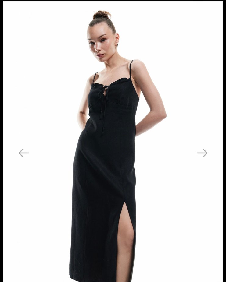 Siyah Uzun Keten Elbise, V Yaka, Yırtmaçlı - Görsel 2