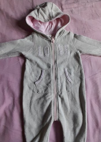 Kapüşonlu Gri Nakışlı Kız Bebek Tulum
