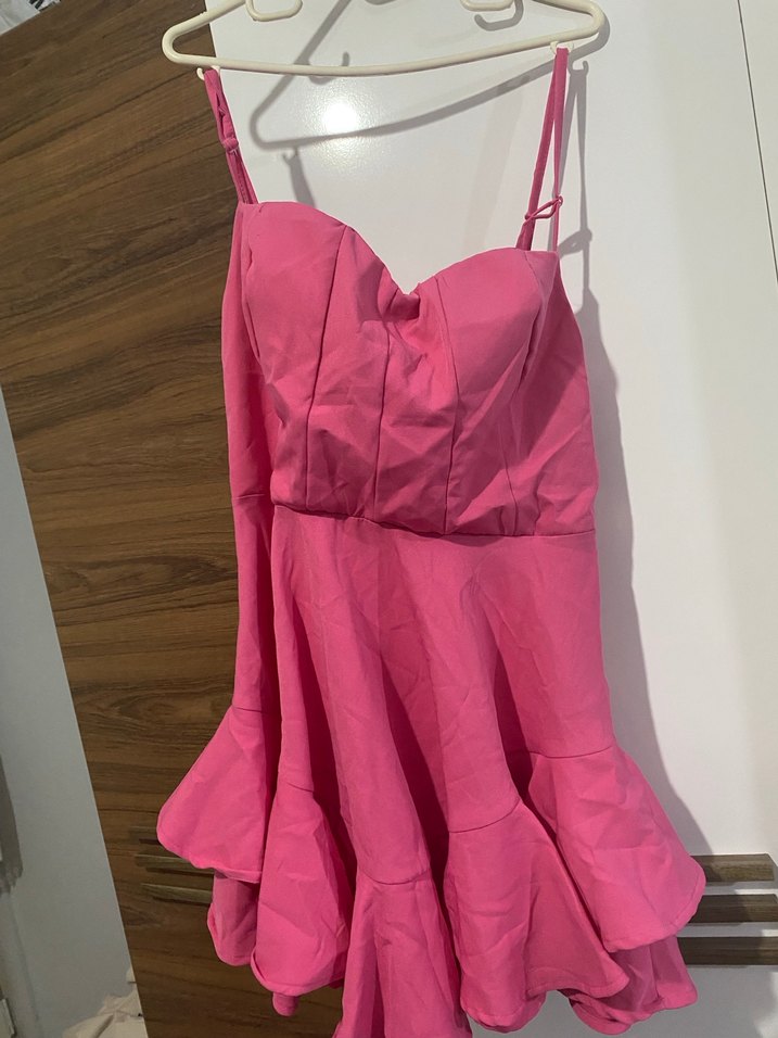 Pembe Mini Askılı Volanlı Abiye Elbise - Görsel 2