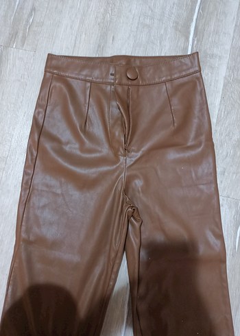 Düğmeli Kahverengi Deri Kadın Pantolon - Görsel 2