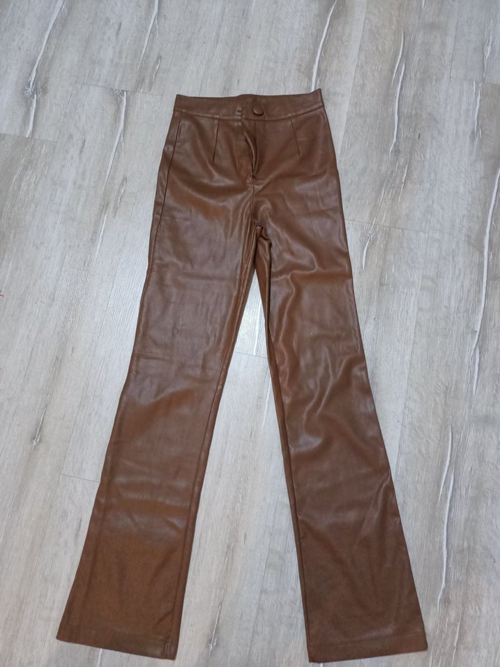 Düğmeli Kahverengi Deri Kadın Pantolon - Görsel 3