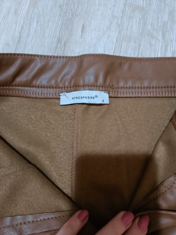 Düğmeli Kahverengi Deri Kadın Pantolon - Görsel 4
