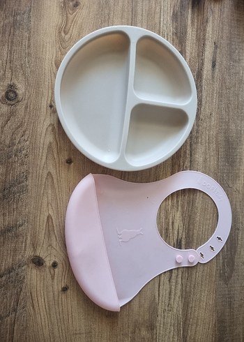 Bölmeli Pembe Çocuk Tabak ve Mama Önlüğü