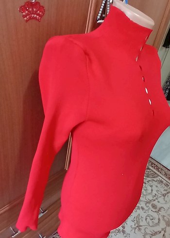 Yüksek Yakalı Kırmızı Kadın Kazak - Görsel 2