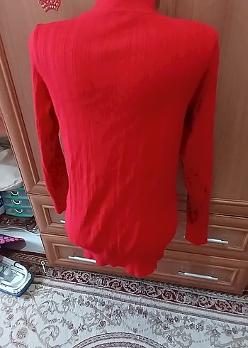 Kırmızı Boğazlı Uzun Kollu Kadın Kazak - Görsel 3