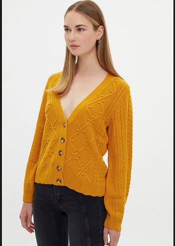 Sarı V Yaka Örgü Midi Hırka AdL - Görsel 3