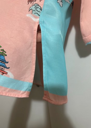 s Beden pembe Renk Bershka Ejderha Desenli Düğmeli Kısa Kollu Gömlek