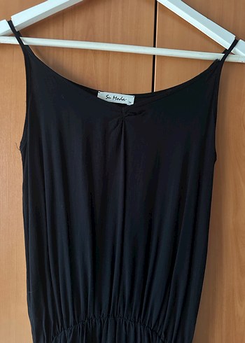 Siyah Etek Ucu Asimetrik ve Püskül Detaylı Uzun Elbise Askılı - Görsel 3