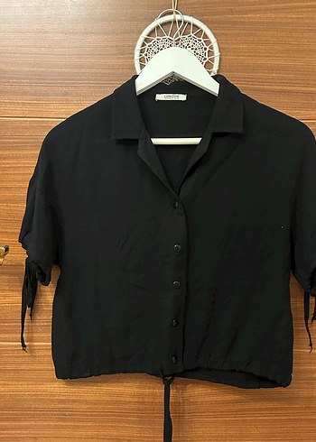 Collezione Kısa Kollu İp Detaylı Siyah Bluz/Gömlek - Görsel 4