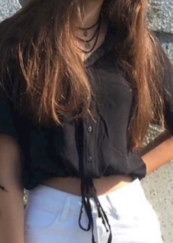 Collezione Kısa Kollu İp Detaylı Siyah Bluz/Gömlek - Görsel 3