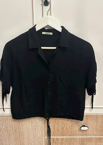 Collezione Kısa Kollu İp Detaylı Siyah Bluz/Gömlek - Görsel 2