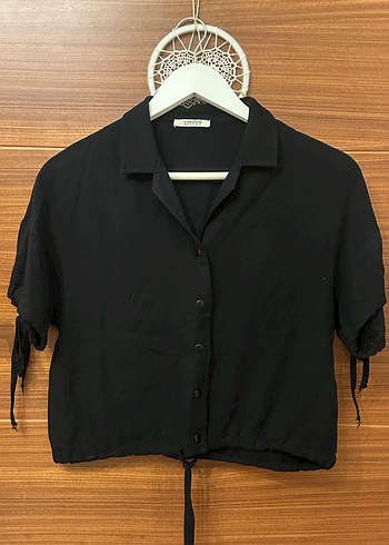 Collezione Kısa Kollu İp Detaylı Siyah Bluz/Gömlek - Görsel 5