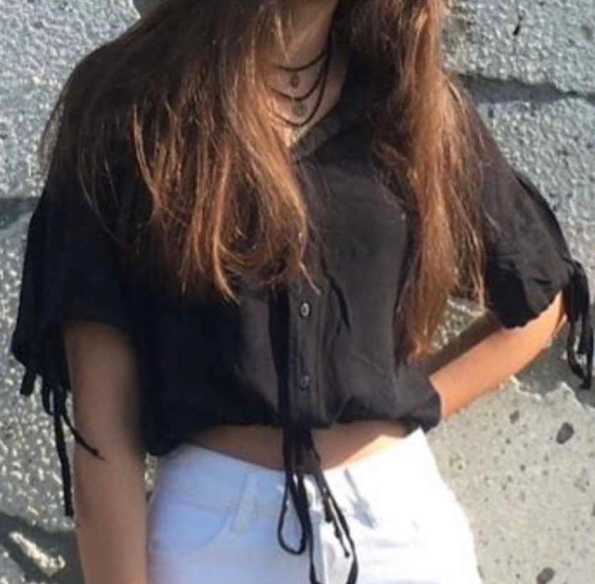 Collezione Kısa Kollu İp Detaylı Siyah Bluz/Gömlek - Görsel 3