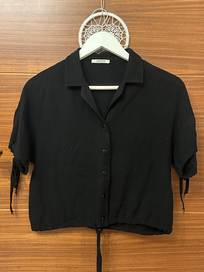 Collezione Kısa Kollu İp Detaylı Siyah Bluz/Gömlek - Görsel 5
