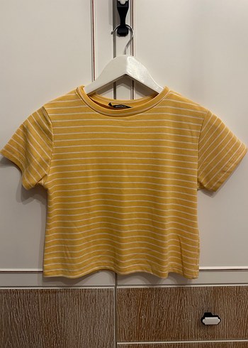 Addax Sarı Beyaz  Çizgili Kadın Kısa Kollu Tişört - Görsel 2